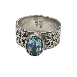 Janice Girardi JGD Vtg Sterling Silver Blue Topaz Floral Wide Band Ring Sz 8.25